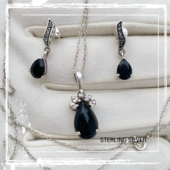 Black Onyx Sterling Silver Post Earrings & Necklace Pendant Set - Vintage - Picture 5 of 14